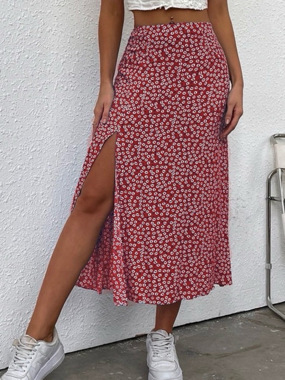 Motel rocks Saika Skirt Ditsy Rose Red Silver | Red Floral High Slit Midi Skirt